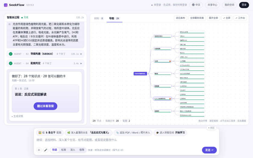 发送一段光合作用课文后，导图分支逐层长出，并生成可翻的记忆卡（加速播放）